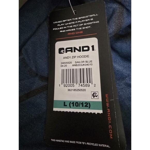 AND1 Boys Blue Gray Full-Zip Long Sleeve Hooded Sweatshirt Jacket Large 10/12 - Picture 4 of 5